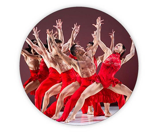 dancer on stage in red costumes; Create tickets for events